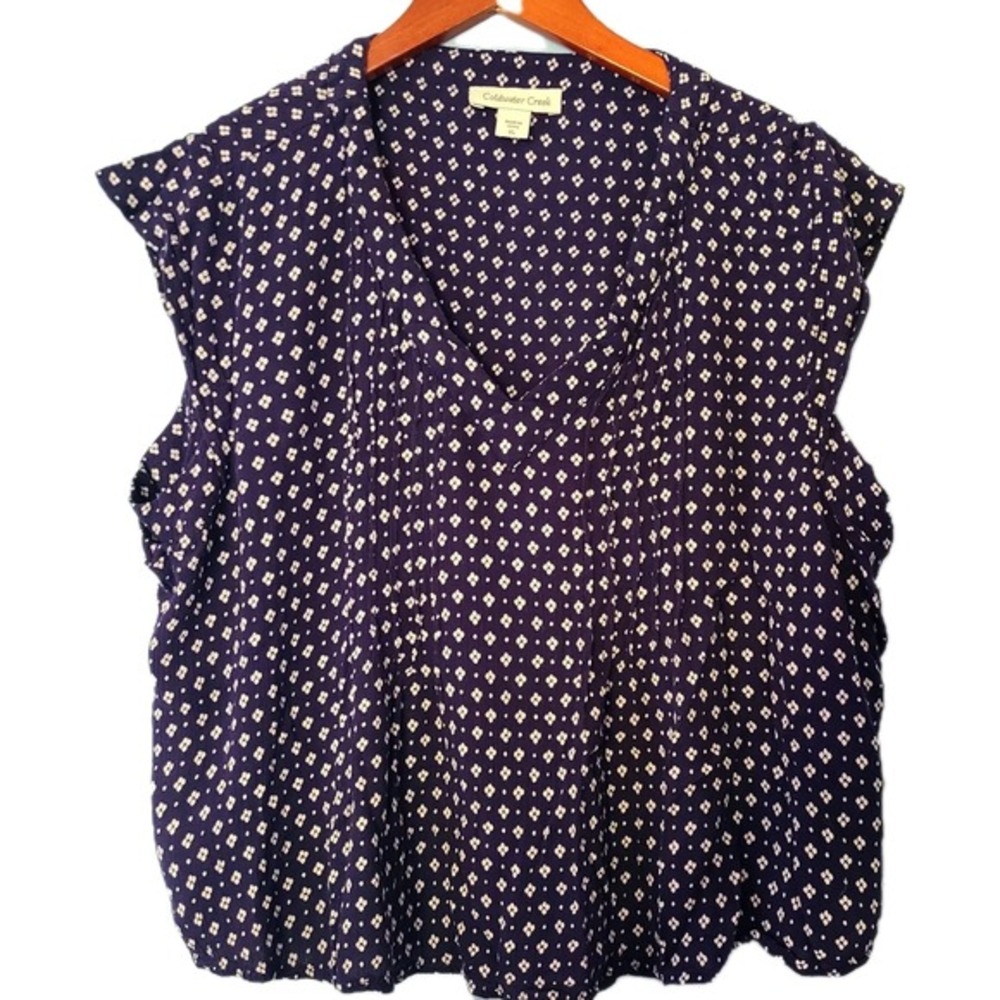 Coldwater Creek Blouse Womens XL Blue Excellent Pintuck V-Neck Geometric Print